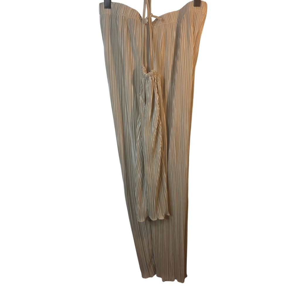 Champagne Gold Plisse 2 Piece Set Pleated Wide Leg Pants & Cami Top XL Metallic - Picture 1 of 5